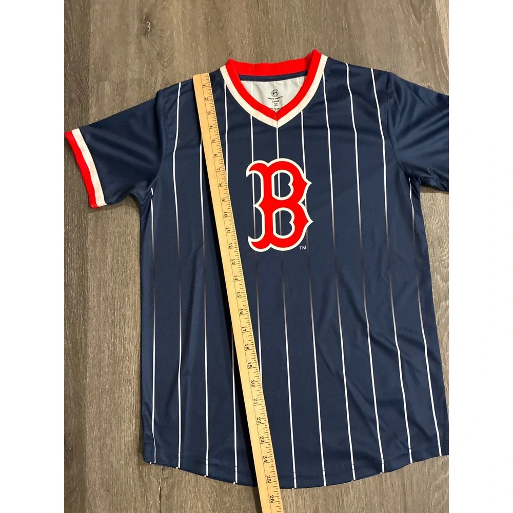 True‎ Fan Boston Red Sox Youth Jersey Navy Blue Pinstripe MLB Shirt Large L